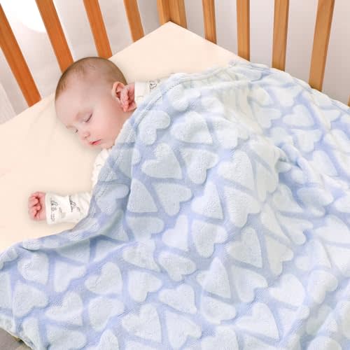 Bertte Plush Baby Blanket for Boys Girls | Swaddle Receiving Blankets Super Soft Warm Lightweight Breathable for Infant Toddler Crib Stroller - 33"x43" Large, Sky Blue Hearts Embossed