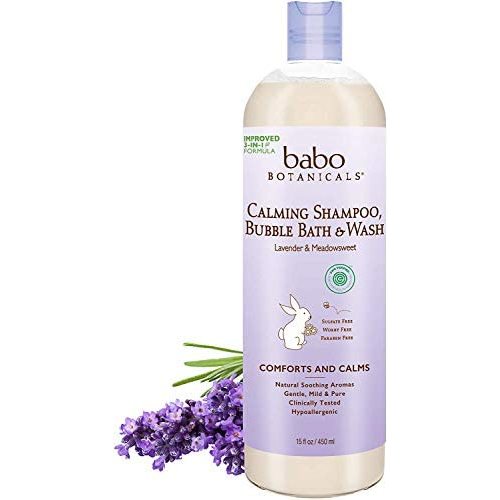 Babo Botanicals Calming 3-in-1 Shampoo, Bubble Bath & Wash, Hypoallergenic, Vegan, For Babies and Kids, Lavender & Meadowsweet, 15 Fl Oz