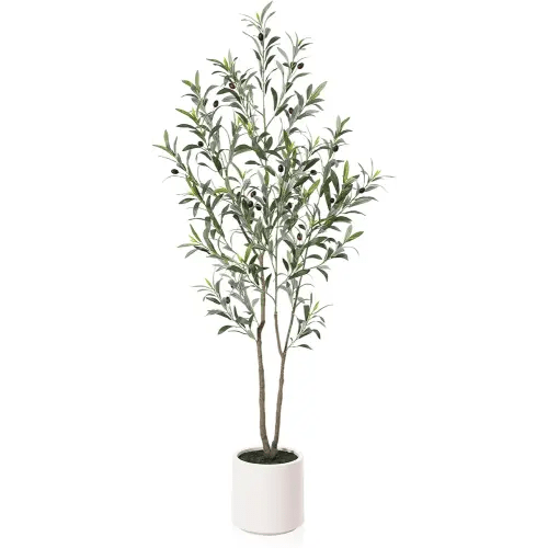 LOMANTO Artificial Olive Trees, 5 ft Tall Fake Olive Trees for Indoor, Faux Olive Silk Tree, Large Olive Plants with White Planter for Home Decor and Housewarming Gift, 1 Pack