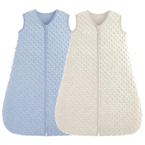 FIEMOL Fleece Baby Sleep Sack 0-6 Months, 1.5 TOG Cotton Baby Wearable Blanket With Soft Plush Dots, 2 Pack Newborn and Infant Warm Sleeping Sack with 2-Way Zipper Blue&Apricot