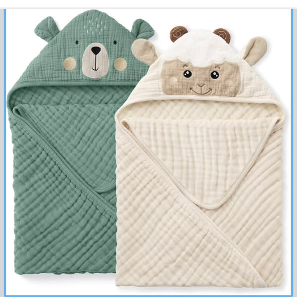 Amazon.com: Blissful Diary Muslin Baby Hooded Towel 2 Pack, Soft & Absorbent Bath Towel for Infant, Toddler, Unisex, Baby Gift, Newborn Essentials, Bear & Lamb