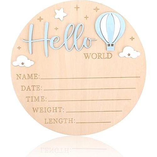 Newborn Announcement Sign, 5.9in/15cm Round Wooden Hello World Baby Sign Birth Name Board with 3D Hot Air Balloon Clouds & Stars Home Hospital Nursery Decor & Photo Props