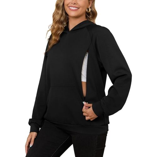 Bhome Nursing Sweatshirt Hoodie for Breastfeeding with Hidden Zippers Maternity Breast Pumping Tops Kangaroo Pocket