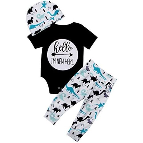Hello Im New Here Infant Baby Boy Dinosaur Outfit Romper Pant Hat Clothes Set