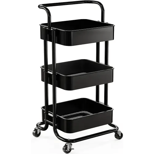 3 Tier Mesh Utility Cart, Rolling Metal Organization Cart with Handle and Lockable Wheels, Multifunctional Storage Shelves for Kitchen Living Room Office by Pipishell, Black