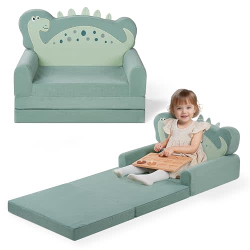 Blissful Diary Dinosaur 2-in-1 Kids Couch Fold Out and Muslin Crib Sheets Bundle