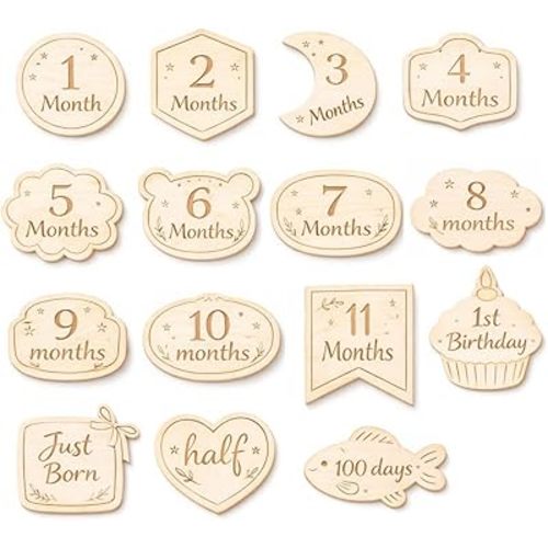 Wooden Baby Milestone Cards Set, Baby Monthly Milestone Markers 1–12 Months, Newborn Photo Props with 100 Days, Half Birthday & 1st Birthday, Wooden Milestone Discs for Baby First Year Photos