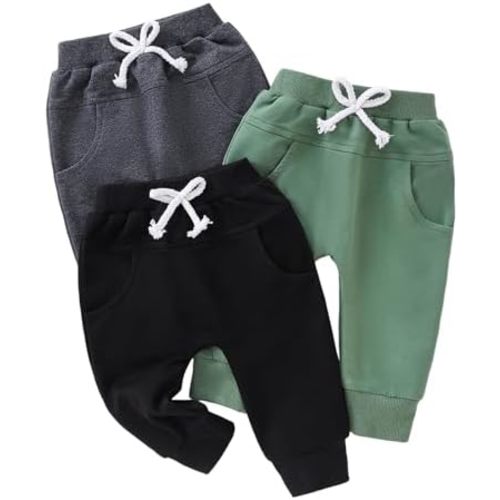 Yvowming Baby and Toddler Boys Cotton Jogger Sweatpants Pants Pull on Cotton Pants with Pockets Multipacks Long Pants