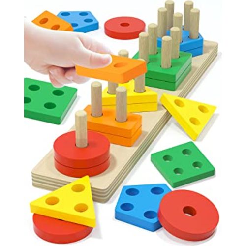 Montessori Toys for 1 2 Year Old Boy and Girl, Shape Sorter Wooden Toys for Toddlers 1-3, Toddler Toys age 1-2, 1 2 Year Old Girl Boy Gifts, Education Preschool Toddler Puzzles Toys - Colorful