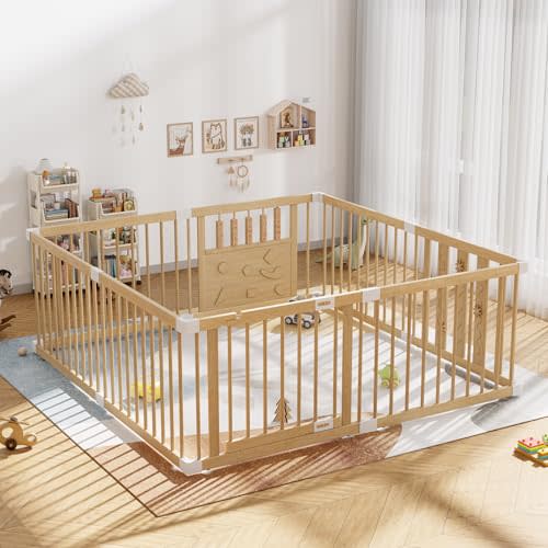 Wooden Baby Playpen with Child Safety Lock, 64"×64" Large Playpen for Babies and Toddlers, Indoor Play Pen for Kids Activity Center, Portable Natural Wood Fence, Expandable, Suction Cups, 8 Panels