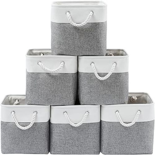 13 x 13 Inch Cube Storage Bins, 6 Pack Extra Large Collapsible Fabric Storage Bin with Ropes, Foldable Storage Cubes for Home (White & Grey-13"x13"x13")