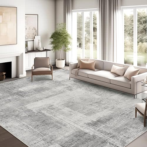 zesthome Washable Area Rug 6x9, Large Abstract Rugs for Living Room, Non-Slip Stain Resistant Rugs, 6x9 Area Rugs for Bedroom, Dining Room, Ultra-Thin Indoor Area Rugs (Grey/Ivory, 6'x9')