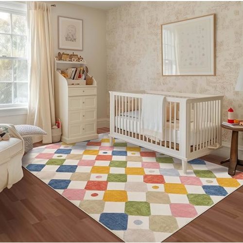 jinchan Area Rug 5x7 Kids Washable Indoor Floor Cover Non Slip Modern Soft Rug Living Room Diamond Carpet Holiday Decor for Nursery Dining Room Bedroom Circus on Cream