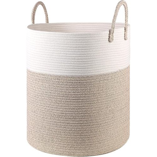 Cotton Rope Laundry Basket Hamper for Girls Kids Baby Nursery Hamper Bin Woven Storage Basket for Living Room cute laundry basket Tall Laundry Basket for Blanket Toy storage bin(Beige)