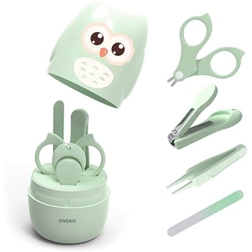 Baby Nail Kit, 4-in-1 Baby Nail Care Set with Cute Case, Baby Nail Clippers, Scissors, Nail File & Tweezers, Baby Manicure Kit and Pedicure kit for Newborn, Infant, Toddler, Kids-Owl Green