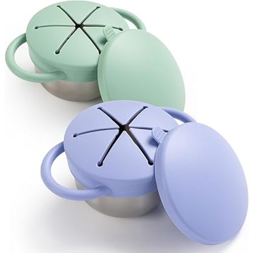 Snack Containers for Toddlers, 3-in-1 Stainless Steel Toddler Snack Cups with Removable Silicone Food Catcher & Travel Lids, No-Spill Snack Cup Kids (Matte Blue, Matte Green, Pack of 2)