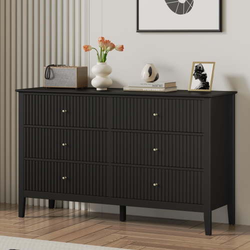 RoyalCraft Black 6 Drawer Dresser, Fluted Modern Wood Dresser, Double Chest of Drawers with Ball Bearing Slide, Long Dresser for Bedroom TV Stand Storage Cabinet for Living Room