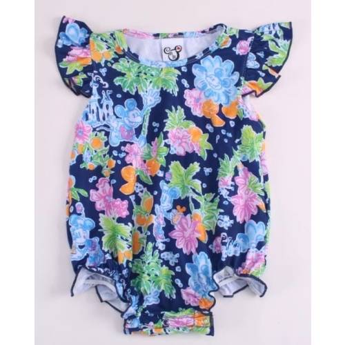 Disney girl bubble suit tropical pink and navy blue floral Disney outfit infant and toddler