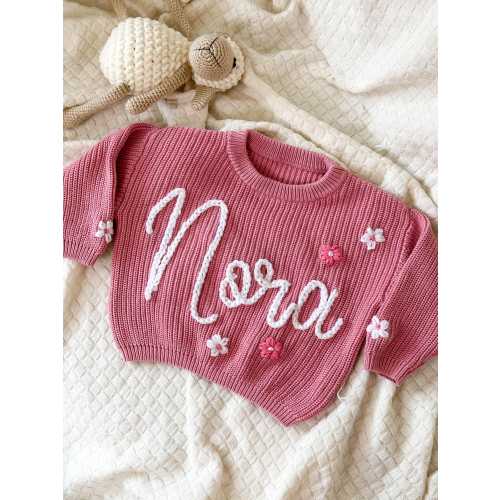 Personalized Hand embroidered Name Baby Sweater,Custom Baby Name Sweater,Pink Baby Girls Sweater With Name,Birthday Gift For Baby Girls Boy