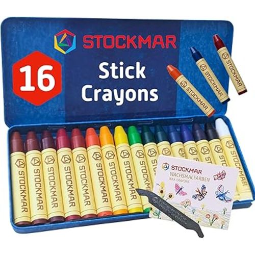 Stockmar Beeswax Stick Crayons – Set of 16 Artist-Grade Drawing Media, Non-Toxic Beeswax Crayons for Art Projects, Crafting, Walforf Art Supplies, Creative Drawing, Includes Storage Tin
