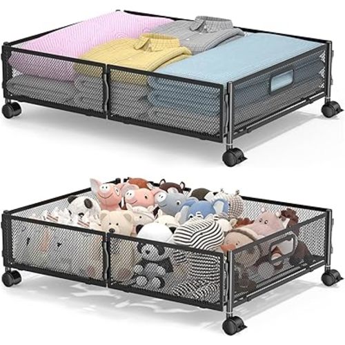 Under Bed Storage with Wheels,Rolling Under Bed Storage Containers,Under Bed Shoe Storage,Under Bed Storage for Bedroom Clothes Shoes Blankets (2 pack, Black)