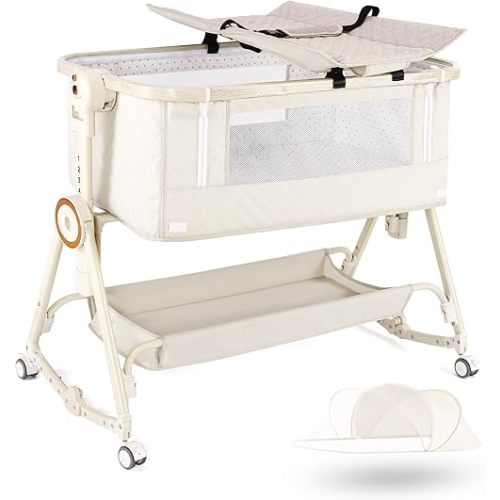 Baby Bassinets Bedside Sleeper 5 in 1,Bedside Bassinet for Baby with Mattress,Diaper Table, Storage Layer,Mosquito Net,7-level adjustable height , one-touch folding for travel with infants(Beige)