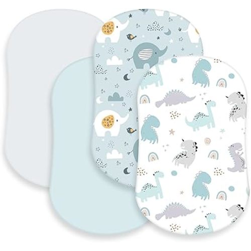 4 Pcs Baby Bassinet Sheets Soft Fitted for Baby Boys Girls Soft Cotton Animals Bassinet Sheet Cover Safe Comfort for Standard Rectangular Mattress Cradle, Elephant, Dinosaur