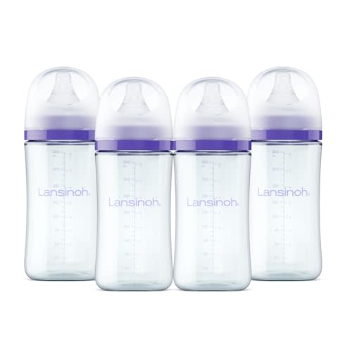 Lansinoh Anti-Colic Glass Baby Bottles, 8 Ounces, 4 Count Bottles for Feeding, Baby Essentials, Includes 4 Medium Flow Nipples, Size M