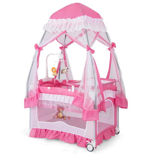 Babyjoy Infant Bassinet 5-in-1 Portable Travel Playpen Nursery Center with Changing Table, Canopy, Music Box, Pink