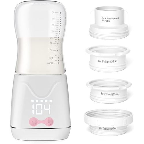 Portable Bottle Warmer, w-maxa Fast Baby Bottle Warmer for Travel with Glass Bottle & 4 Adapters, Rechargeable Bottle Warmer On The Go with Precise Temperature Control for Breastmilk, Formula