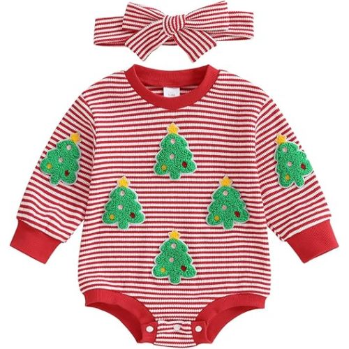 Christmas Newborn Baby Girl Outfit Tree Embroidery Long Sleeve Striped Waffle Bubble Romper Matching Headband