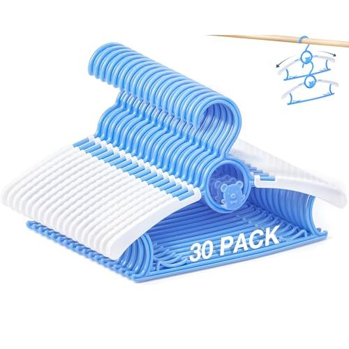 Baby Hangers 30 Pack,Non-Slip Plastic Kids Hangers for Closet, Adjustable Infant Toddler Clothes Hanger, Durable Nursery Organizer for Newborn Children(Blue)