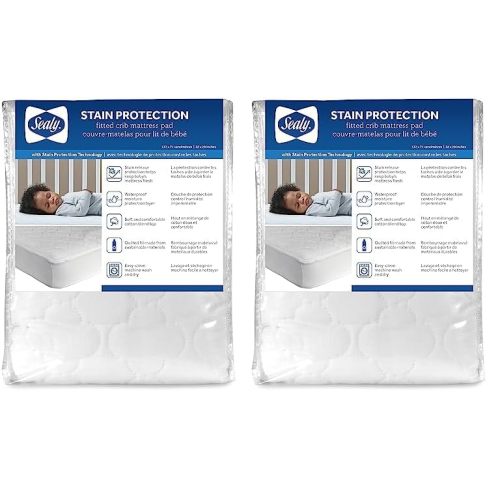 Sealy Baby Stain Protection Fitted Waterproof Infant Crib Mattress Protector Pad and Toddler Bed Cover, Durable and Comfortable Topper, Machine Washable and Dryer Friendly, 52” x 28”- White