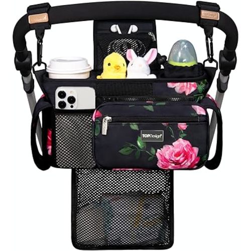 TOPDesign Universal Baby Stroller Organizer, Stroller Caddy with Detachable Mesh Bag & Heightened Insulated Cup Holders & Non-Slip Secure Hooks Accessories, Fits Most Strollers (Peony)