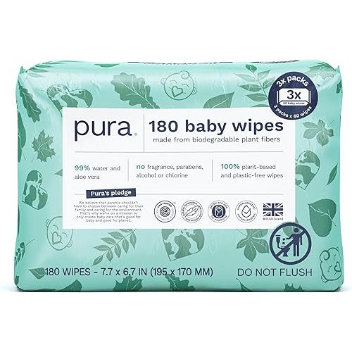 Pura Baby Wipes 3 x 60 per pack (180 Wipes) 100% Plastic-Free & Plant Based Wipes, 99% Water, Suitable for Sensitive & Eczema-prone Skin, Fragrance Free & Hypoallergenic, EWG, Cruelty Free