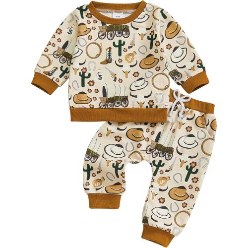 Western Baby Boy Girl Outfit Cow Print Long Sleeve Crewneck Sweatshirt Elastic Waist Pants Set Fall Winter Clothes