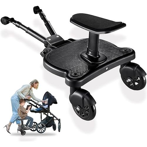 Universal Stroller Board with Detachable Seat - 2 in 1 Sit and Stand Stroller Standing Board for Most Brands of Strollers Holds Children up to 55lbs (Black)