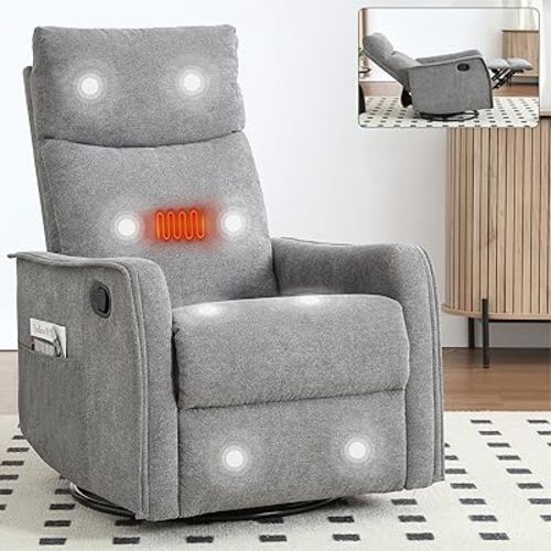 Rocking Recliner Chair with Heat and Massage, 360° Swivel Glider Rocker with Reclining Backrest and Footrest, Modern Nursery Rocking Chairs for Adults for Bedroom, Living Room, Office (Grey)