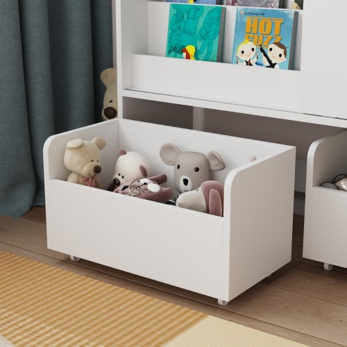 Montessori Bookshelf with Toy Storage & Pull-Out Drawers on Wheels – Low Toddler Bookcase with Sliding Cabinet Doors