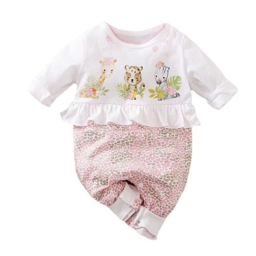 Aoswep - Cute Giraffe + Zebra With Floral Print Long Sleeve Baby Girl Clothes White Jumpsuit For Baby One-Piece Romper