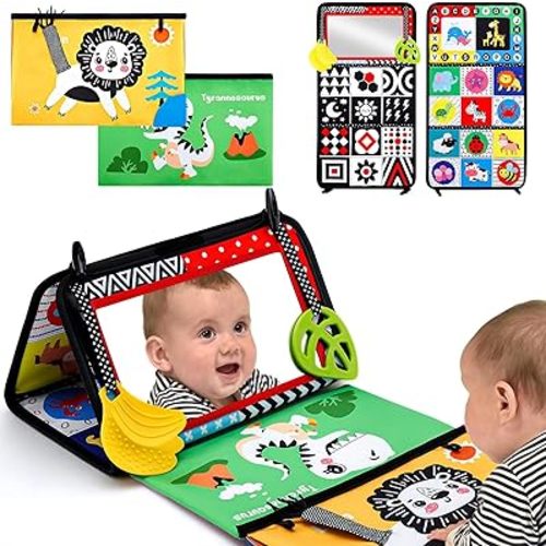 Vasdoo Tummy Time Baby Mirror Toys, High Contrast Black and White Sensory Infant Toys,Brain Developmental Montessori Newborn Toys with Crinkle Cloth Book for Boys and Girls Gift 0 3 6 12 Months