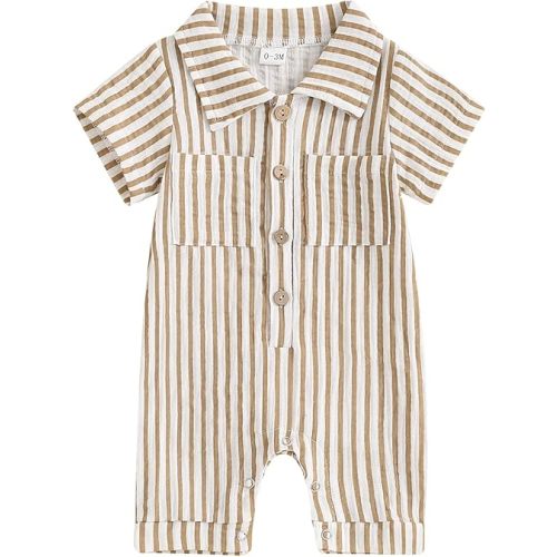 Baby Boy Vertical Striped Romper with Pockets One Piece Lapel Neck Short Sleeve Buttons Jumpsuit Spring Summer
