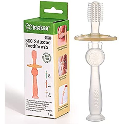 haakaa 360° Silicone Baby Toothbrush with Suction Base Infant to Toddler Toothbrush, Food Grade Silicone, 1pc (Translucent)