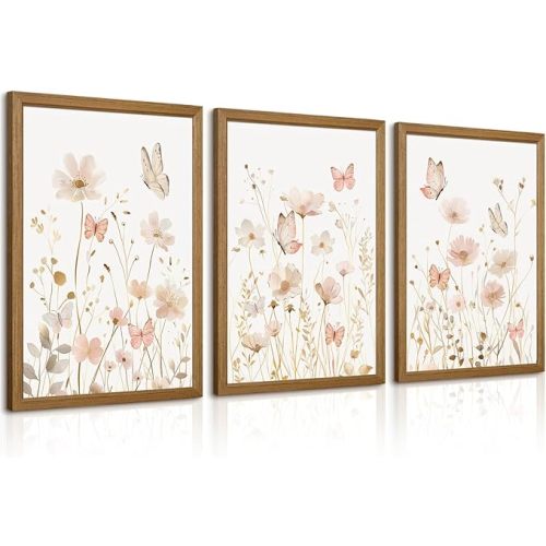 Pink Floral Wall Art Vintage Nursery Wildflower Canvas Wall Decor Watercolor Flower Prints Pink Boho Botanical Poster Butterfly Pictures Gold Beige Floral Painting for Bedroom 12x16x3 Inch Wood Framed