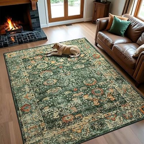 Andecor Living Room Area Rug, 4x6 Washable Rugs Perfect for Bedroom, Kids Room, Nursery, Dining Room, Foldable Low Pile Non-Slip, Pet & Child Friendly Vintage Carpets, Green