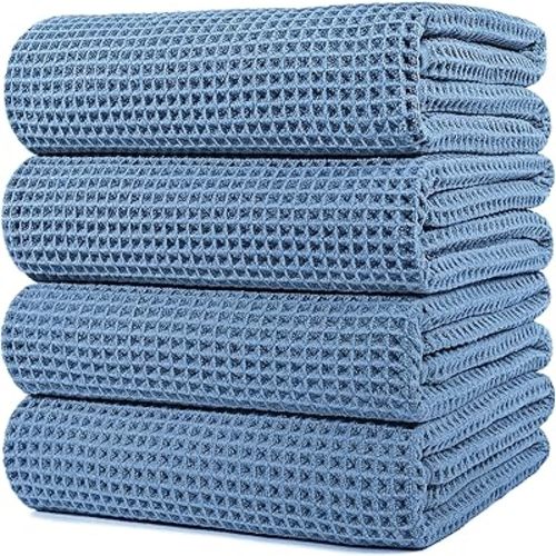 POLYTE Microfiber Oversize Quick Dry Lint Free Bath Towel, 60 x 30 in, 4 Pack (Blue, Waffle Weave)