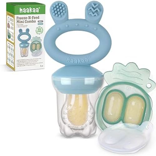 Haakaa Baby Fruit Food Feeder & Mini Freezer Nibble Tray Combo, Breastmilk Popsicle Molds for Baby Cooling Relief, BPA Free Silicone Feeder for Safe Infant Self Feeding, 4 Month+ (Sky Blue)