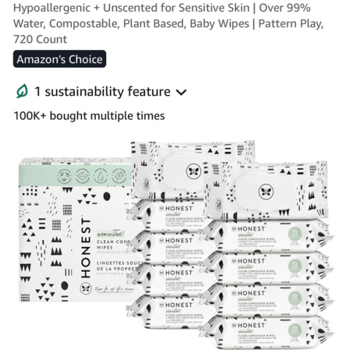 The Honest Company Clean Conscious Multi-Use Wipes | Hypoallergenic + Unscented for Sensitive Skin | Over 99% Water, Compostable, Plant Based, Baby Wipes | Pattern Play, 720 Count