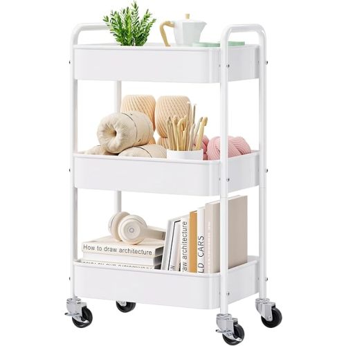 3 Tier Rolling Cart Metal, White Utility Cart with Lockable Wheels, Mesh Rolling Storage Cart Organizer on Wheels, Three Tiered Craft Cart for Kitchen, Bathroom, Office,Laundry Room, Art, Baby Diaper