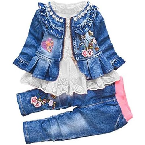Peacolate 6M-4Years Spring Fall Baby Girls Clothing Set 3pcs Long Sleeve Dress Denim Jacket and Jeans